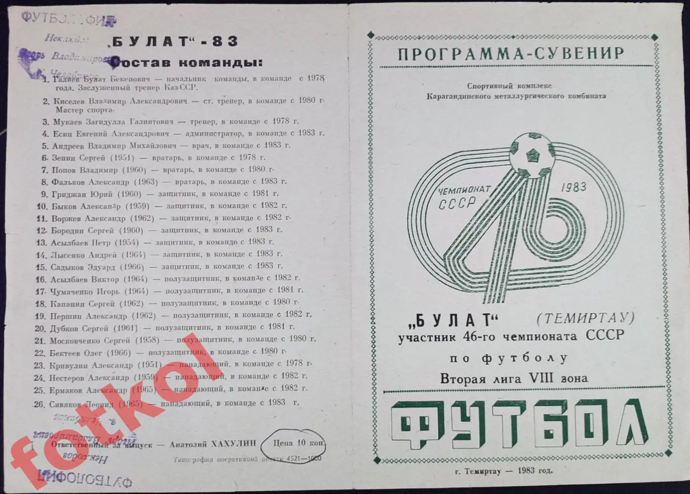 ТЕМИРТАУ Булат 1983 Фото команды, календарь игр