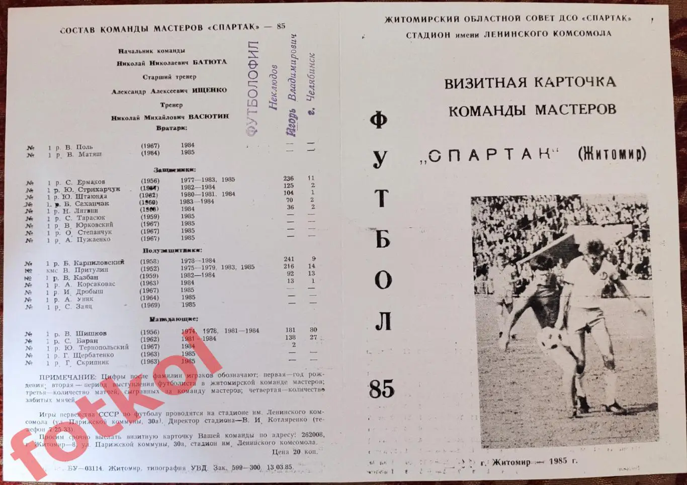ЖИТОМИР Спартак 1985 Представление команды