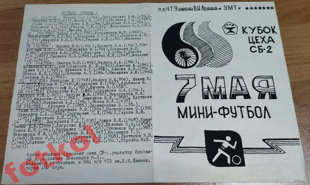 ЧТЗ Челябинск 07.05.1988 КУБОК ЦЕХА СБ - 2 Мини - футбол