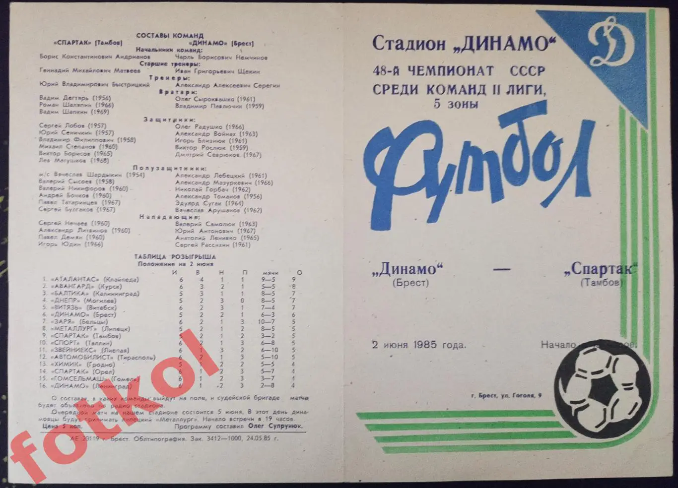 ДИНАМО Брест - СПАРТАК Тамбов 02.06.1985