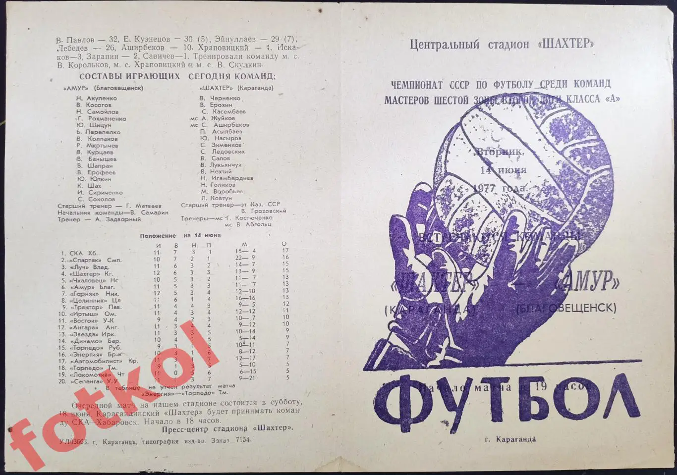 ШАХТЕР Караганда - АМУР Благовещенск 14.06.1977