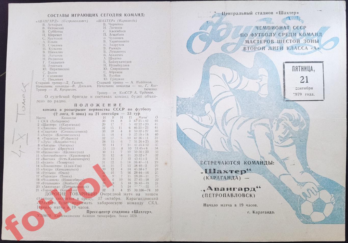 ШАХТЕР Караганда - АВАНГАРД Петропавловск 21.09.1979