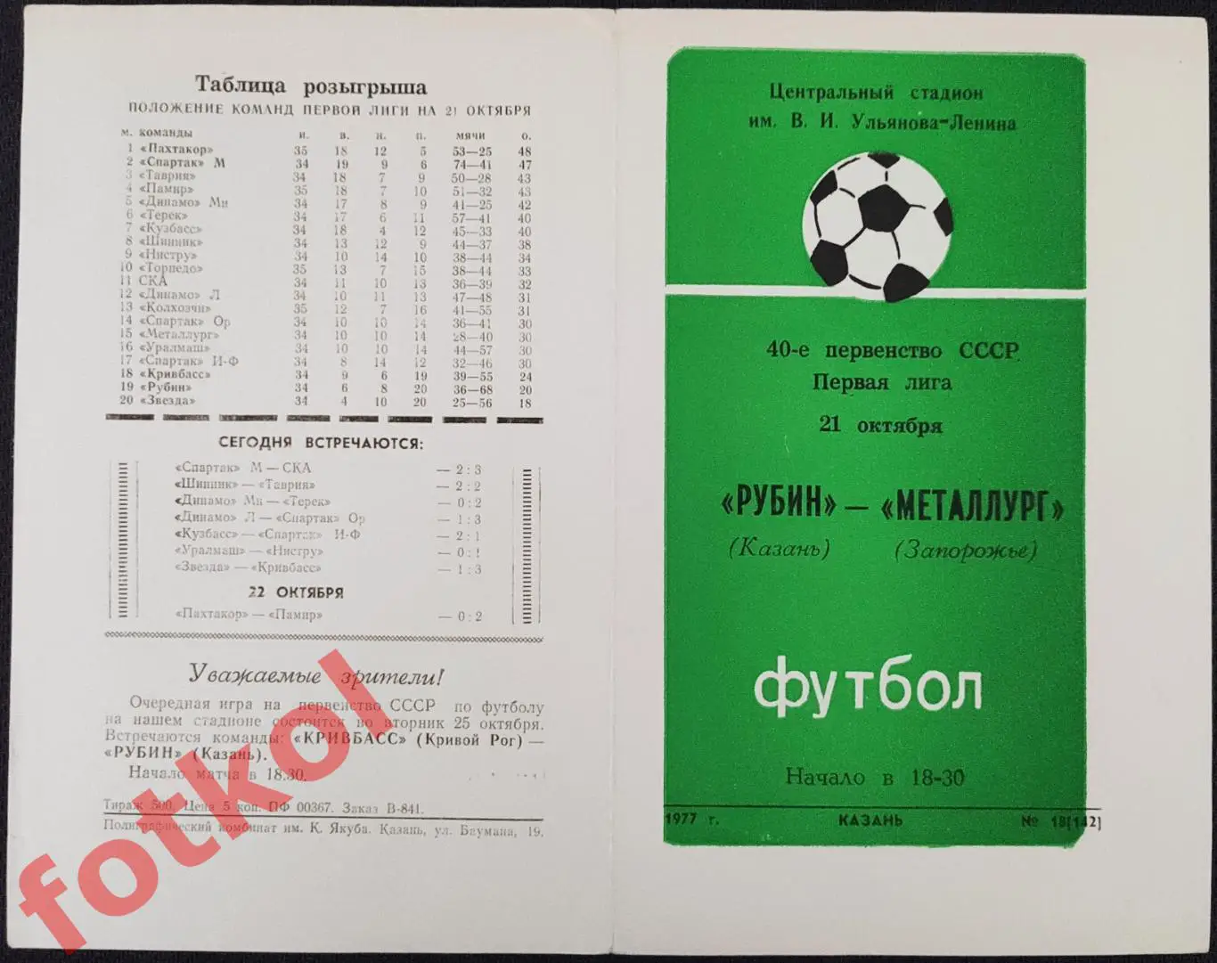 РУБИН Казань - МЕТАЛЛУРГ Запорожье 21.10.1977