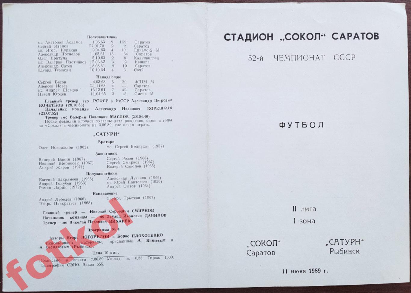 СОКОЛ Саратов – САТУРН Рыбинск 11.06.1989