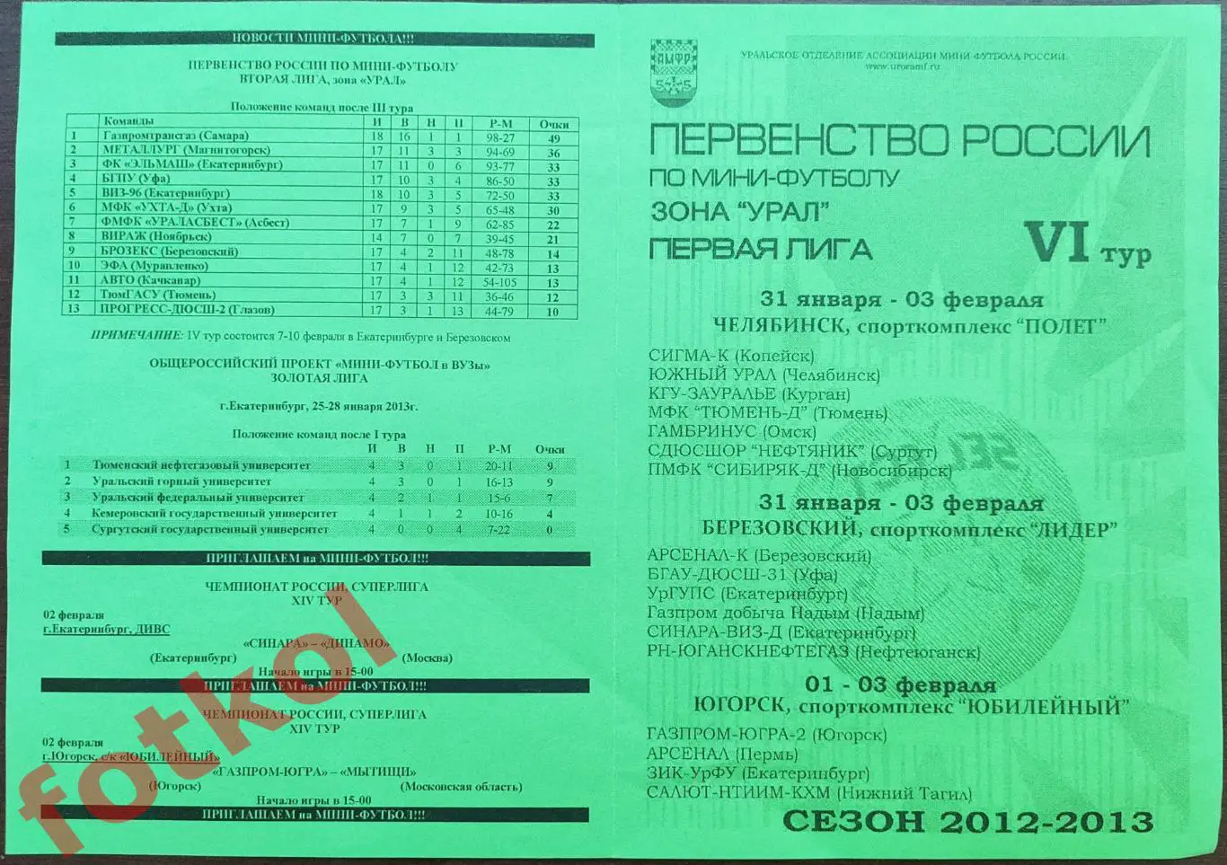 Мини-футбол. 1 лига. Зона УРАЛ. 6 тур. 2012-2013