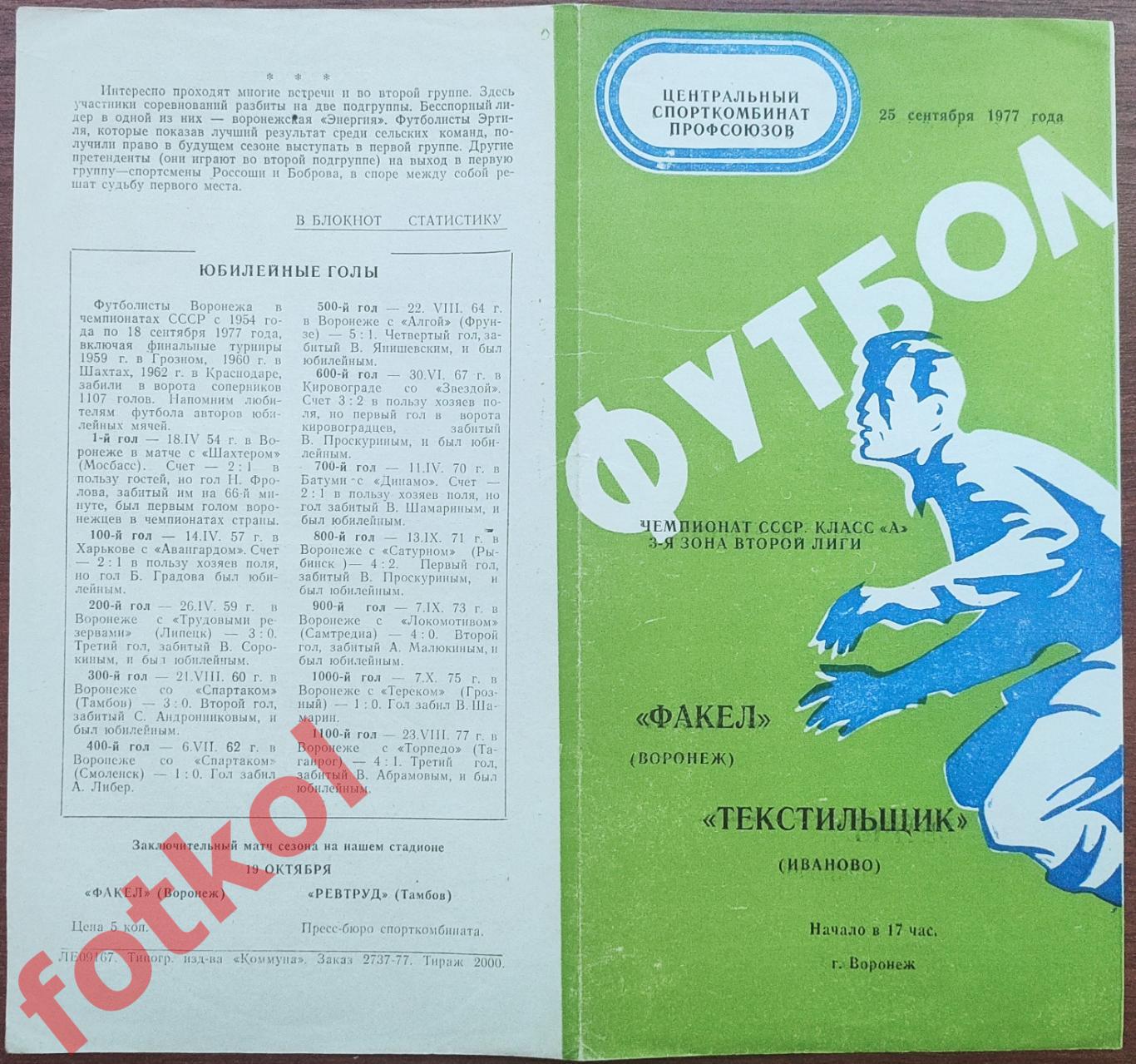 ТРУД Воронеж - ТЕКСТИЛЬЩИК Иваново 25.09.1977