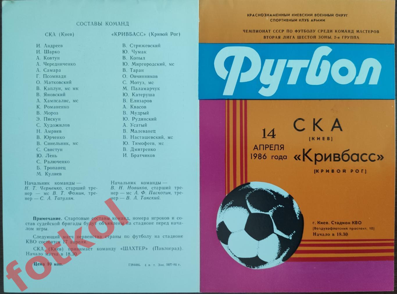 СКА Киев – КРИВБАСС Кривой Рог 14.04.1986