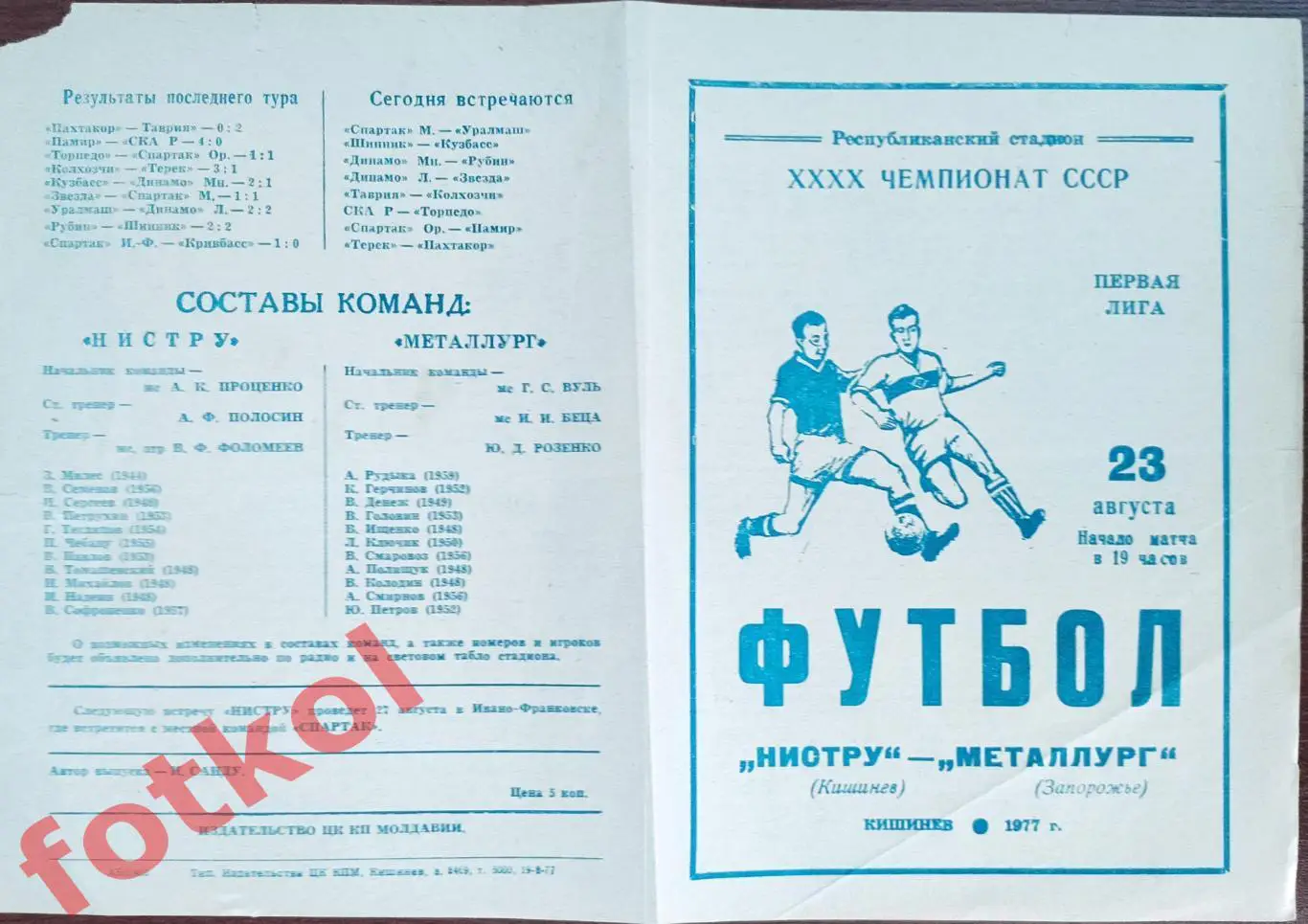 НИСТРУ Кишинев – МЕТАЛЛУРГ Запорожье 23.08.1977