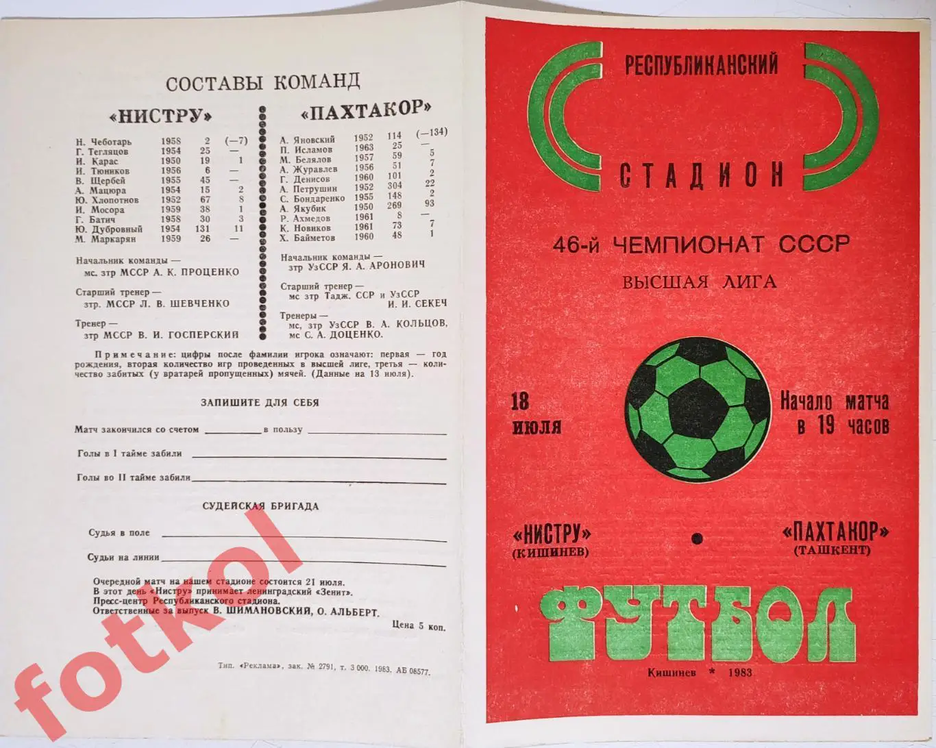 НИСТРУ Кишинев – ПАХТАКОР Ташкент 18.07.1983