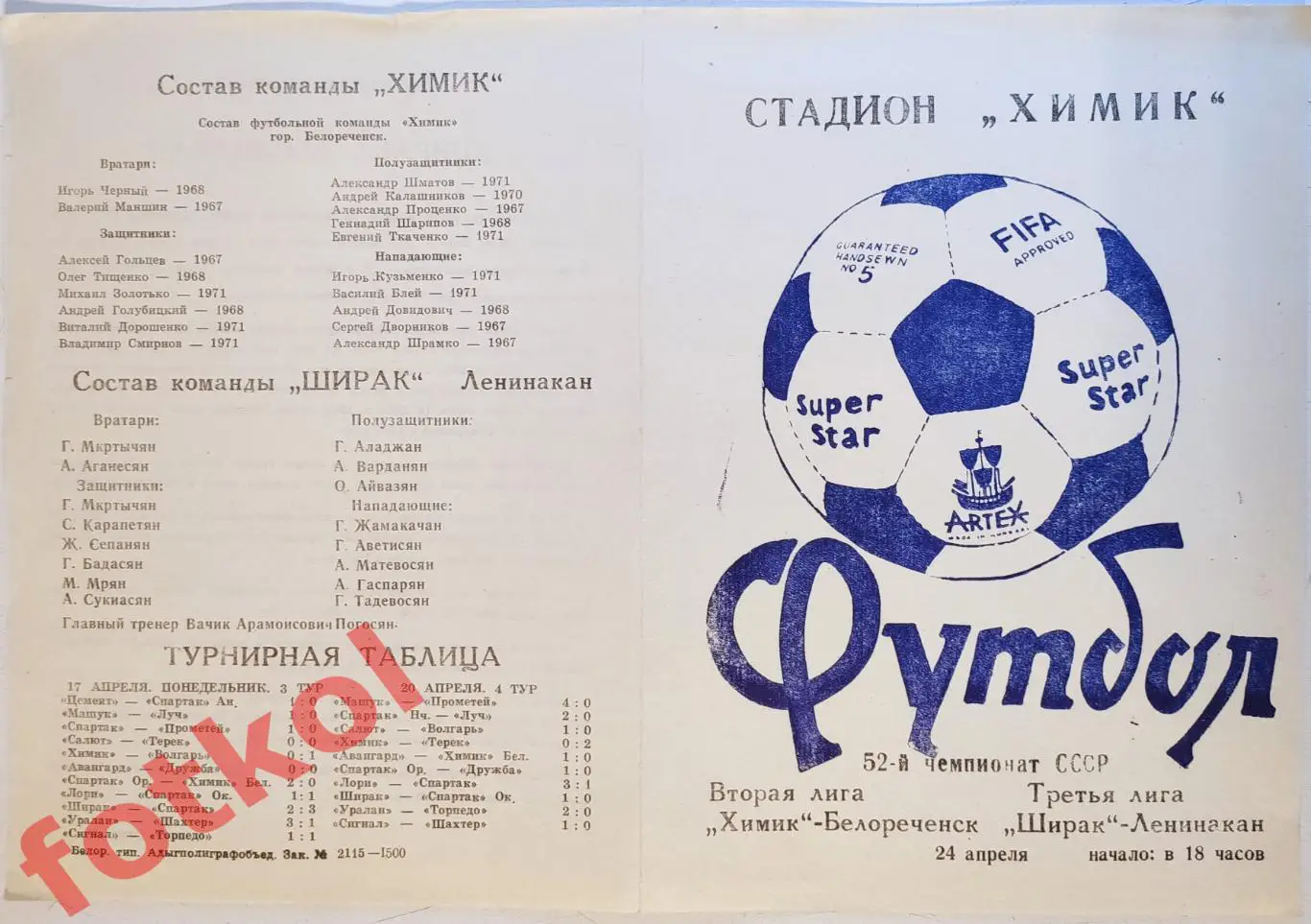 ХИМИК Белореченск - ШИРАК Ленинакан 24.04.1989