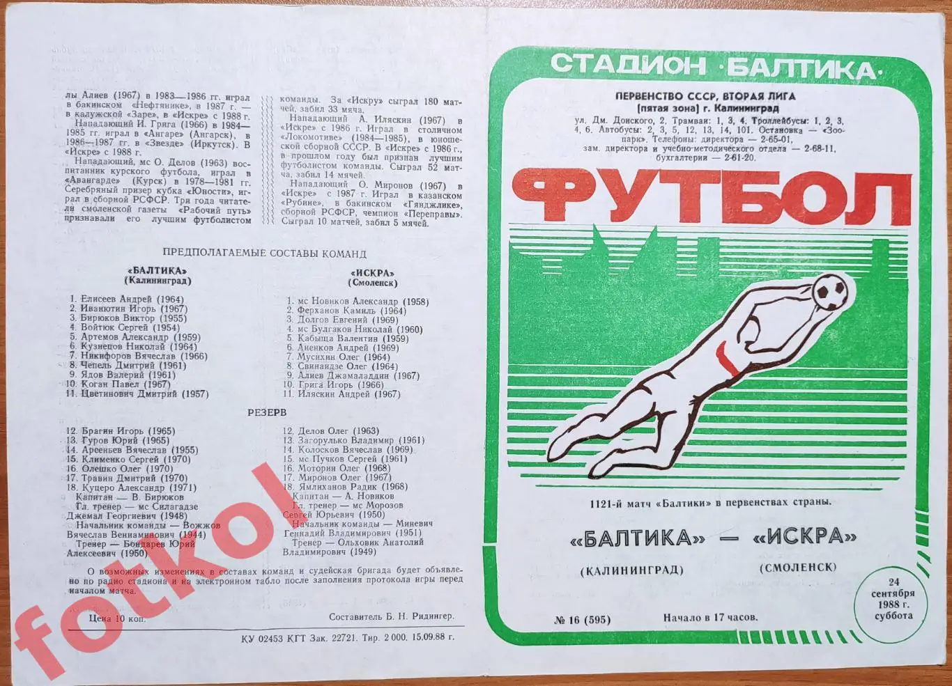 БАЛТИКА Калининград - ИСКРА Смоленск 24.09.1988