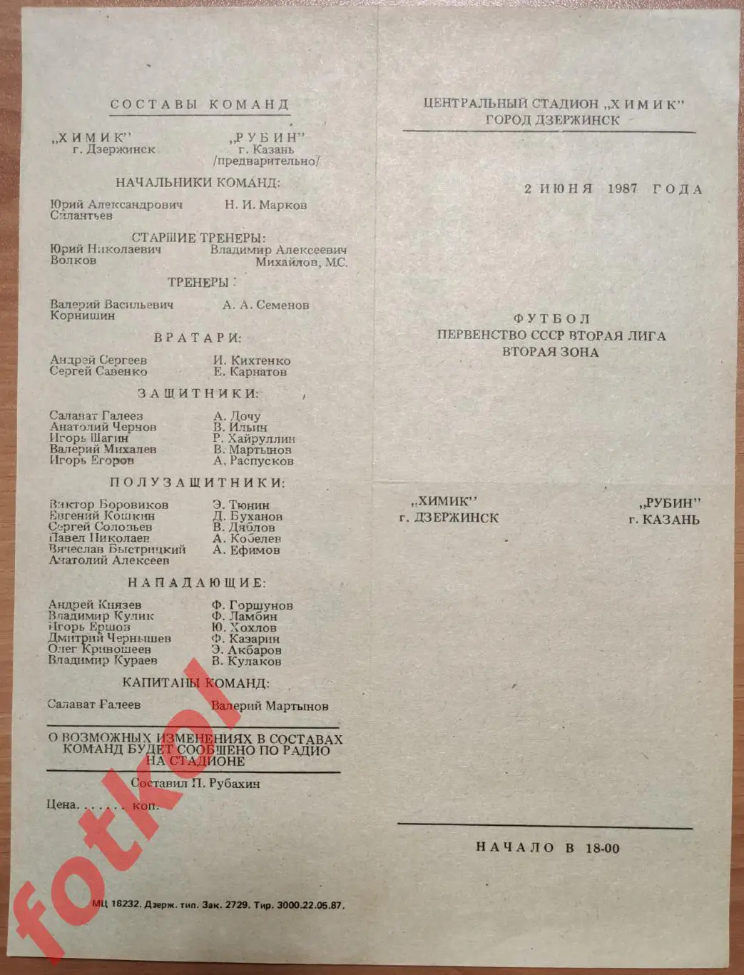 ХИМИК Дзержинск - РУБИН Казань 02.06.1987