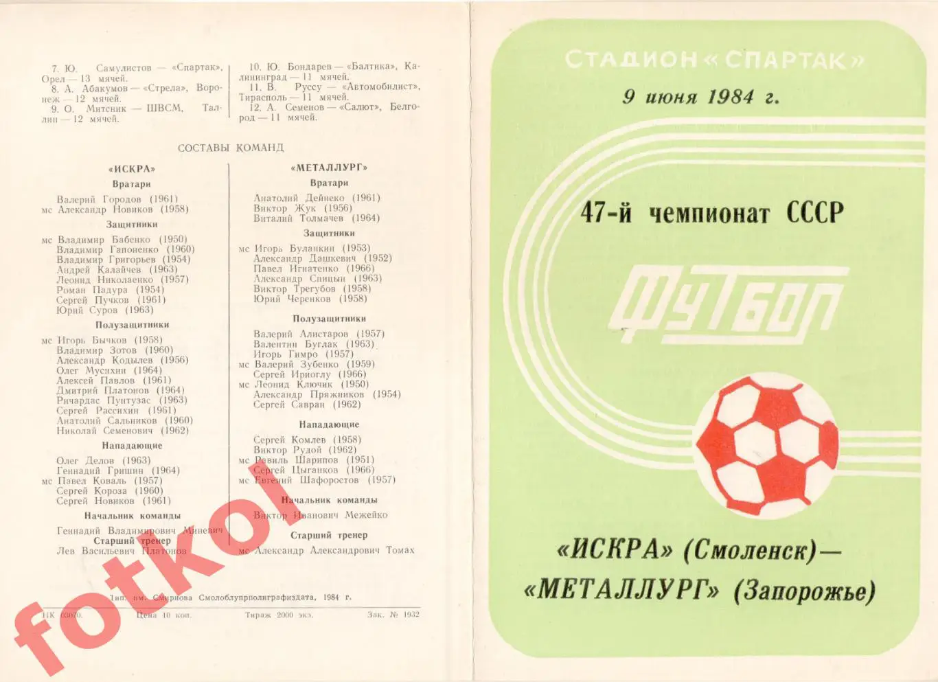 ИСКРА Смоленск - МЕТАЛЛУРГ Запорожье 09.06.1984