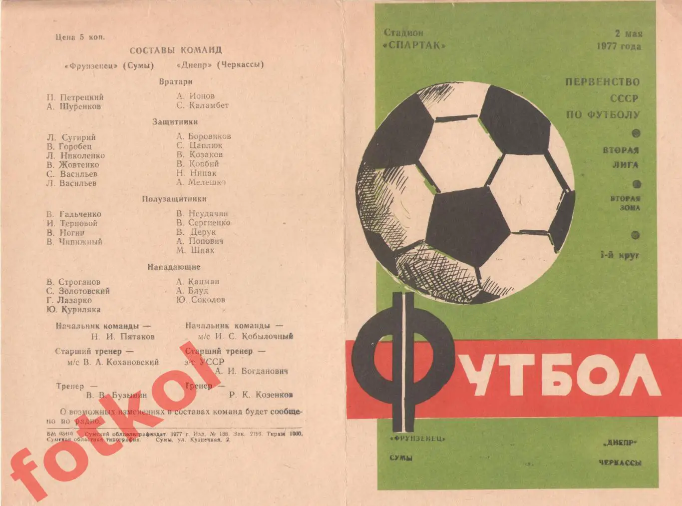 ФРУНЗЕНЕЦ Сумы - ДНЕПР Черкассы 02.05.1977