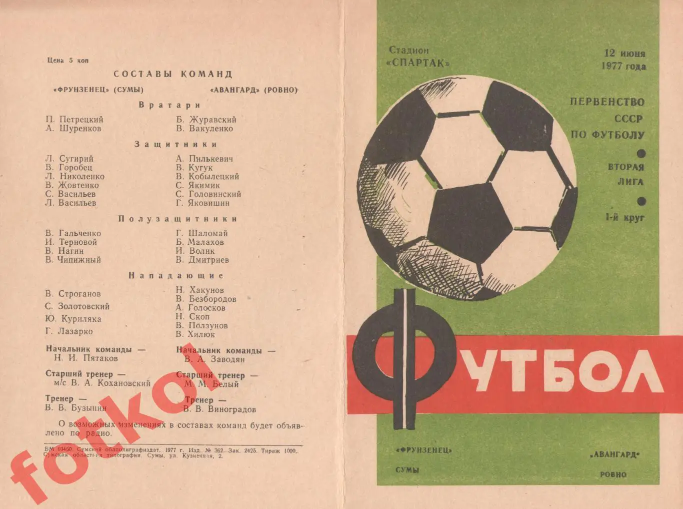 ФРУНЗЕНЕЦ Сумы - АВАНГАРД Ровно 12.06.1977