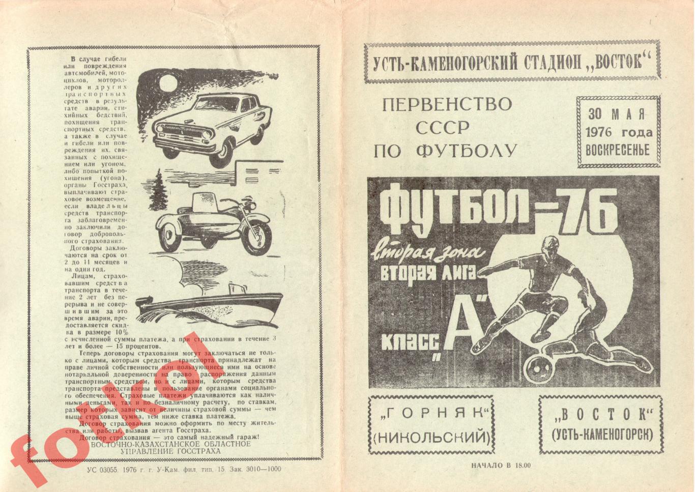 ВОСТОК Усть-Каменогорск – ГОРНЯК Никольский 30.05.1976