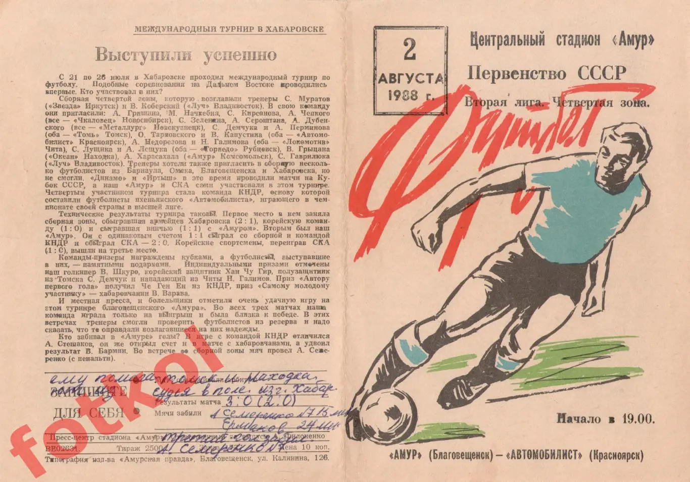 АМУР Благовещенск - АВТОМОБИЛИСТ Красноярск 02.08.1988