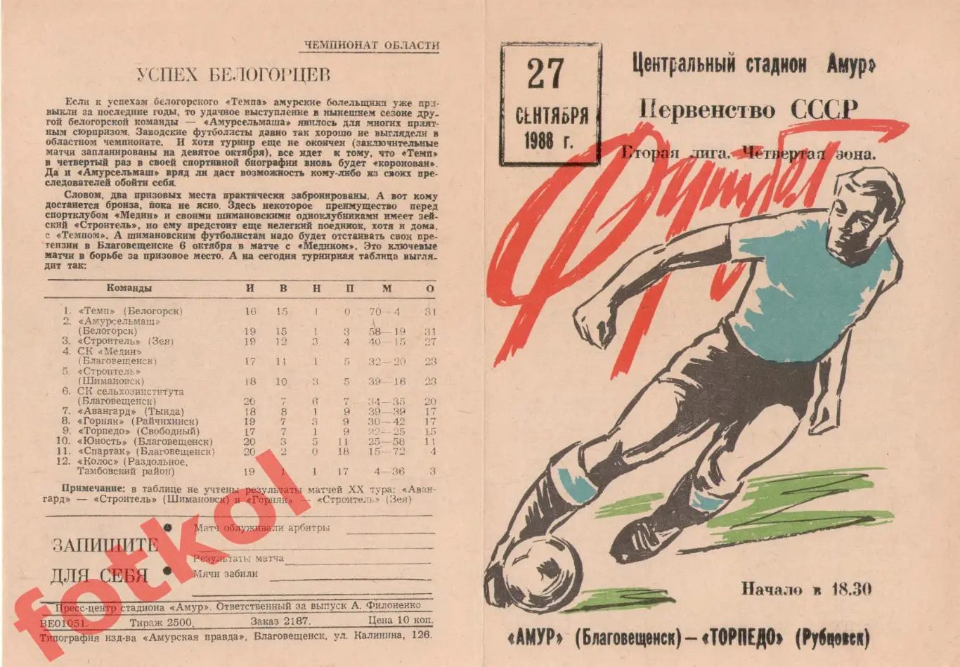 АМУР Благовещенск - ТОРПЕДО Рубцовск 27.09.1988