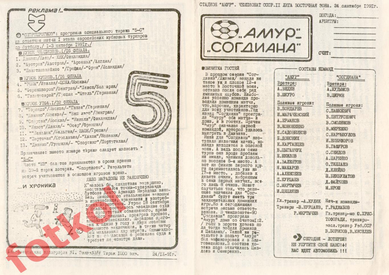 АМУР Благовещенск - СОГДИАНА Джизак 24.09.1991