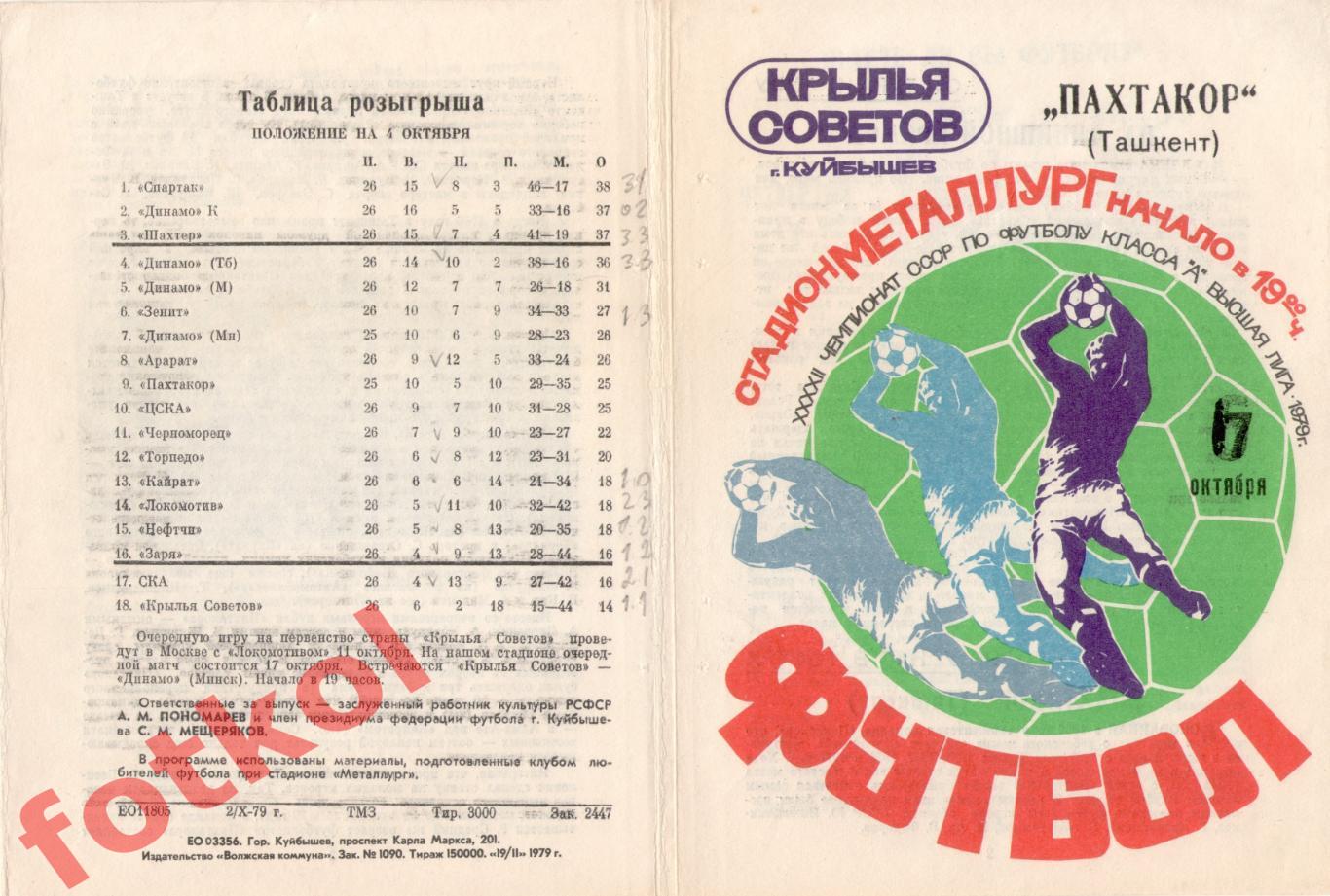 КРЫЛЬЯ СОВЕТОВ Куйбышев/Самара - ПАХТАКОР Ташкент 06.10.1979