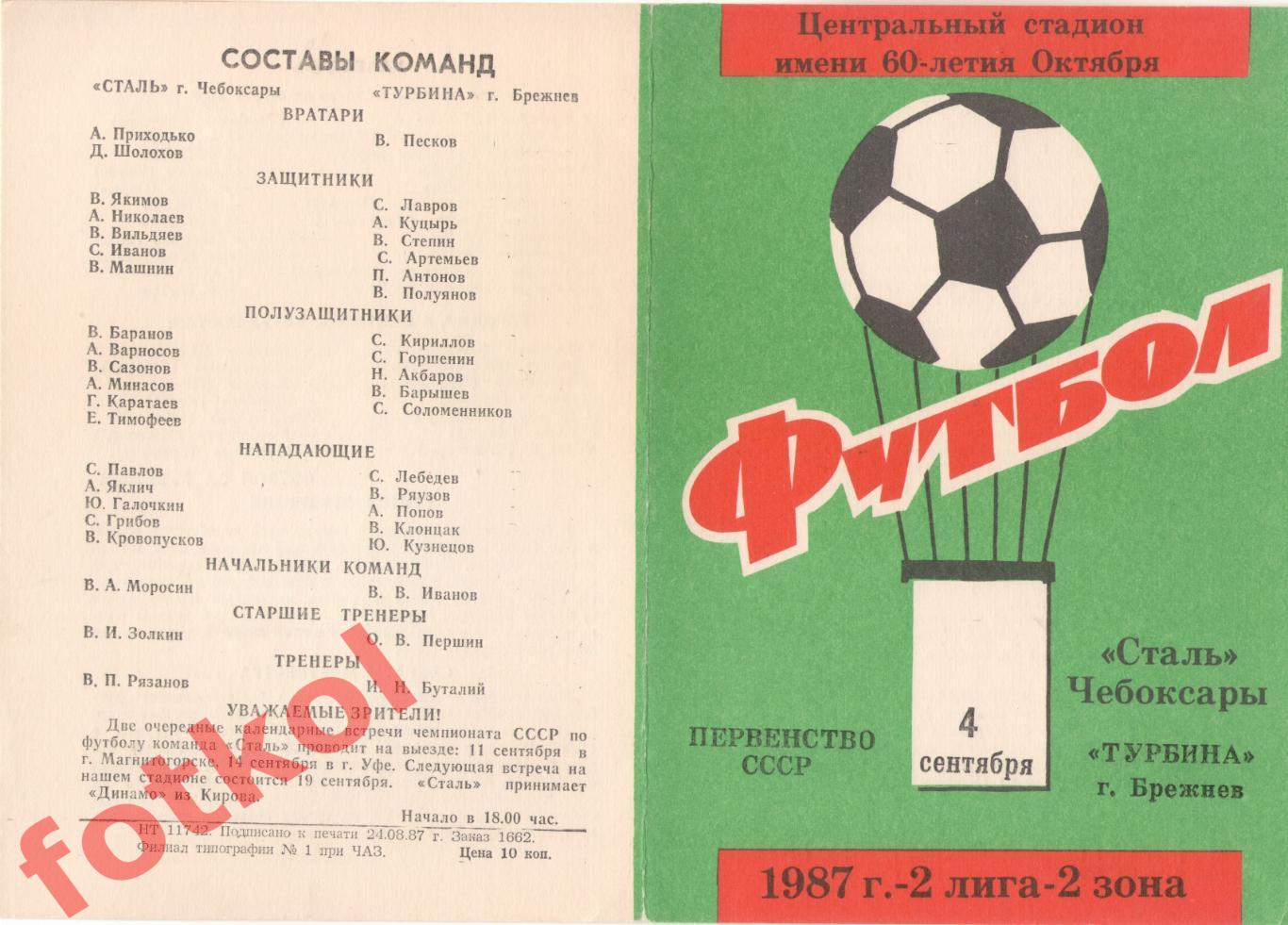 СТАЛЬ Чебоксары - ТУРБИНА Набережные Челны 04.09.1987