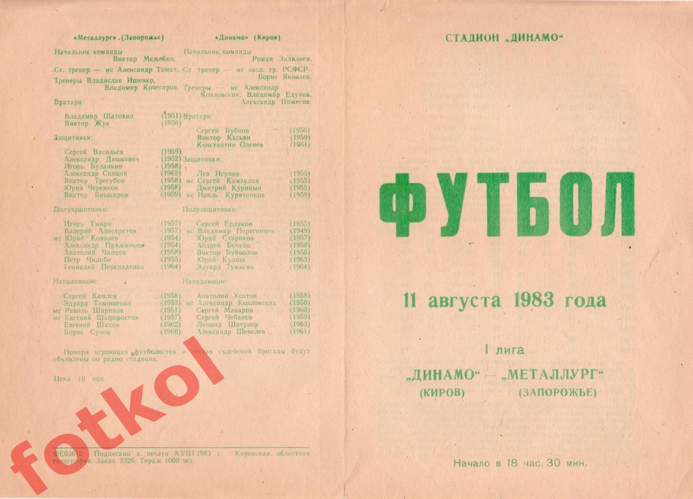ДИНАМО Киров - МЕТАЛЛУРГ Запорожье 11.08.1983
