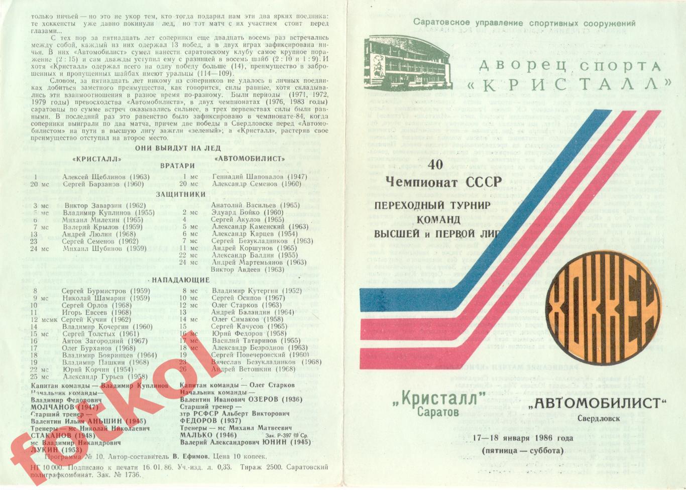 КРИСТАЛЛ Саратов - АВТОМОБИЛИСТ Свердловск/Екатеринбург 17 - 18.01.1986