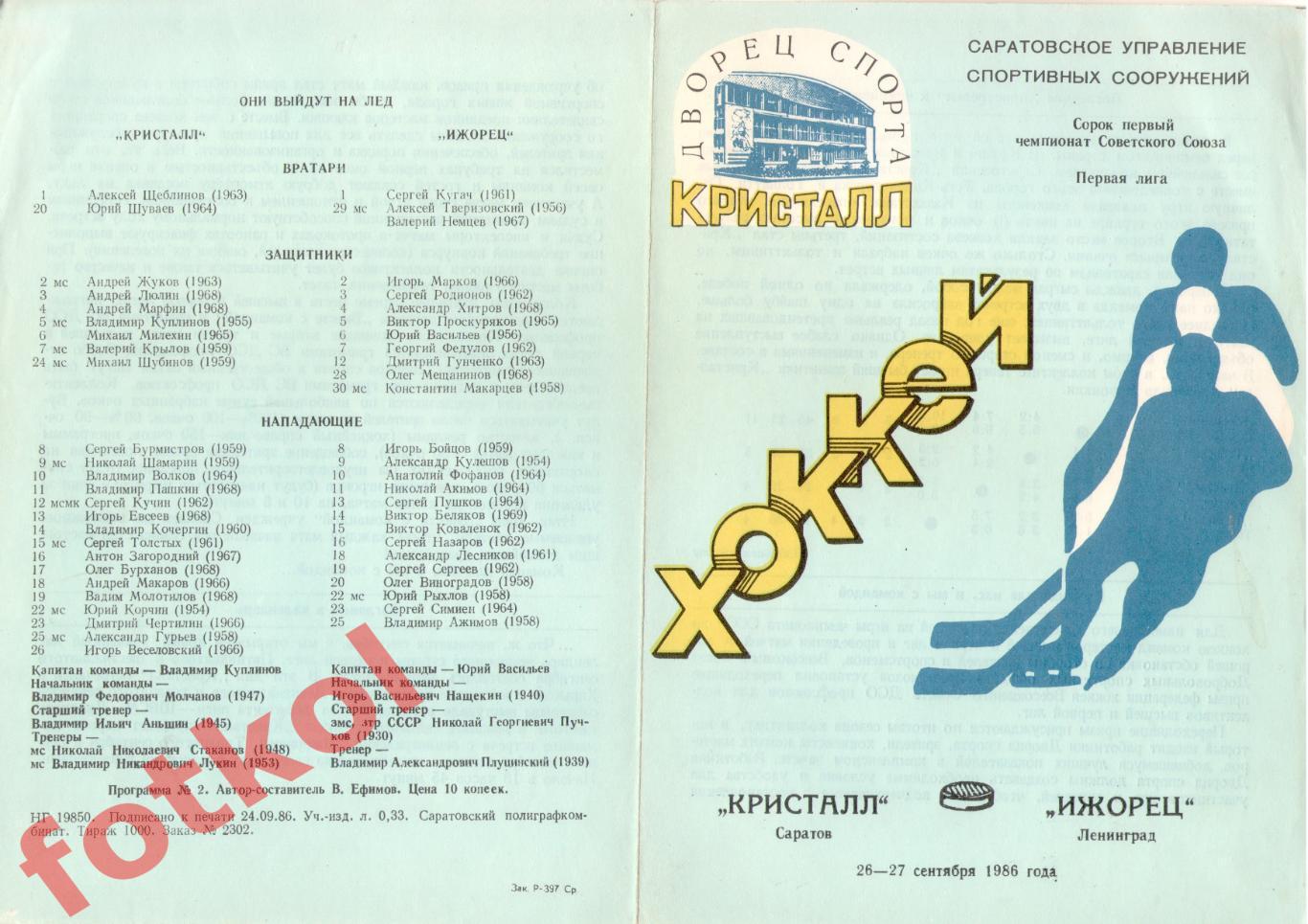 КРИСТАЛЛ Саратов - ИЖОРЕЦ Ленинград 26 - 27.09.1986