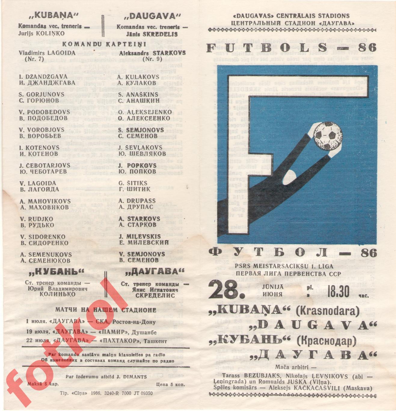 ДАУГАВА Рига - КУБАНЬ Краснодар 28.06.1986