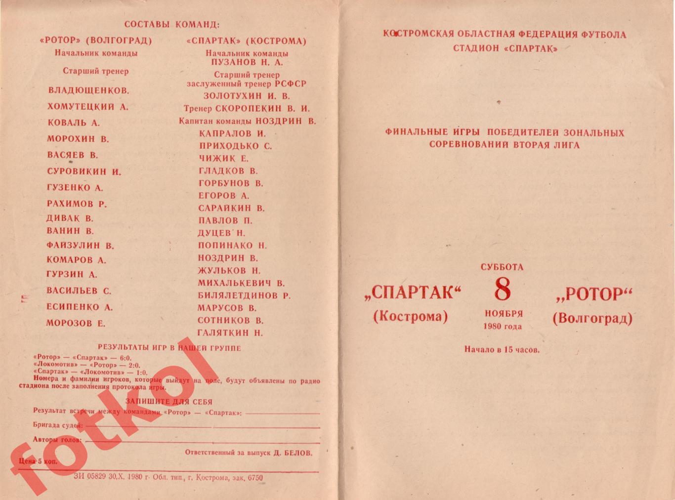 СПАРТАК Кострома – РОТОР Волгоград 08.11.1980 Финальный турнир за 1 лигу