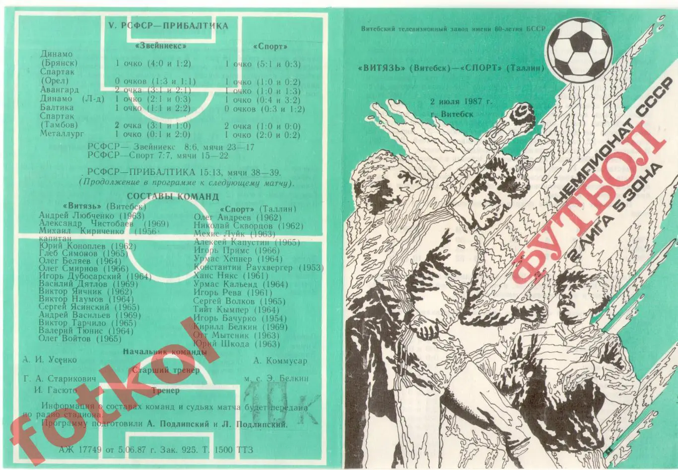 ВИТЯЗЬ Витебск - СПОРТ Таллин 02.07.1987 + ОТЧЁТ