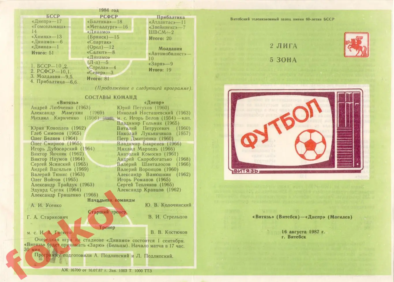 ВИТЯЗЬ Витебск - ДНЕПР Могилев 16.08.1987