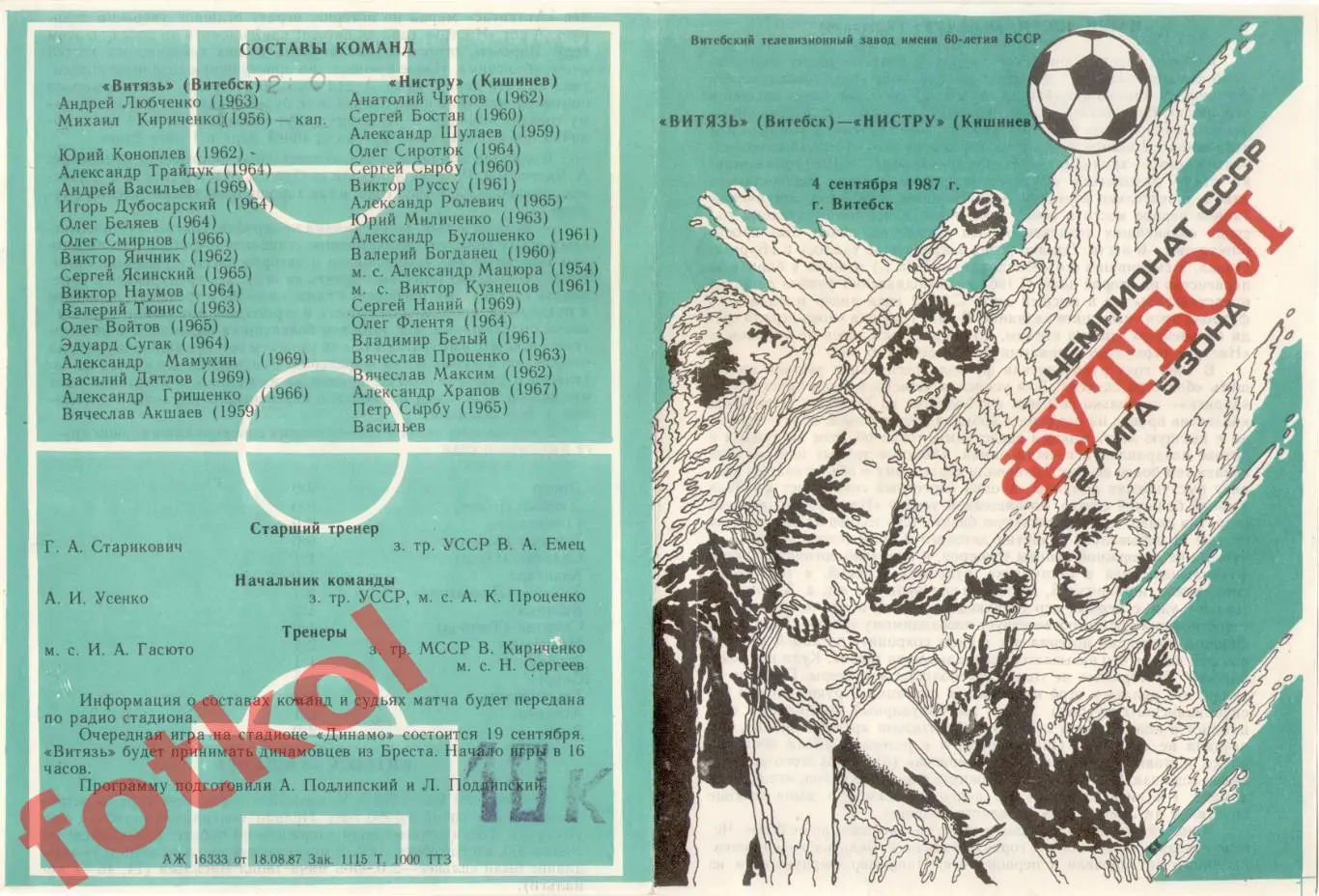 ВИТЯЗЬ Витебск - НИСТРУ Кишинев 04.09.1987