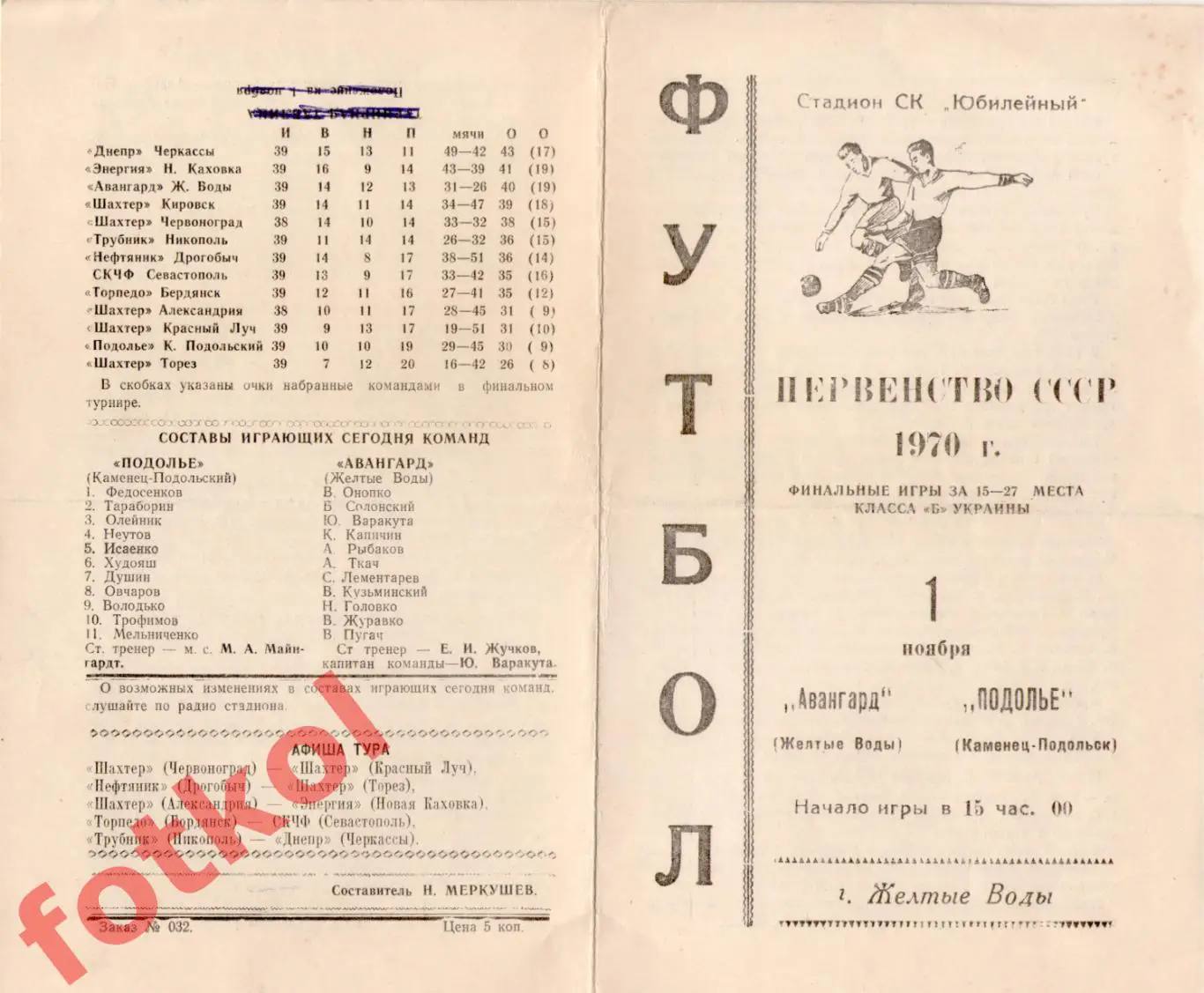 АВАНГАРД Желтые Воды - ПОДОЛЬЕ Каменец-Подольск 01.11.1970