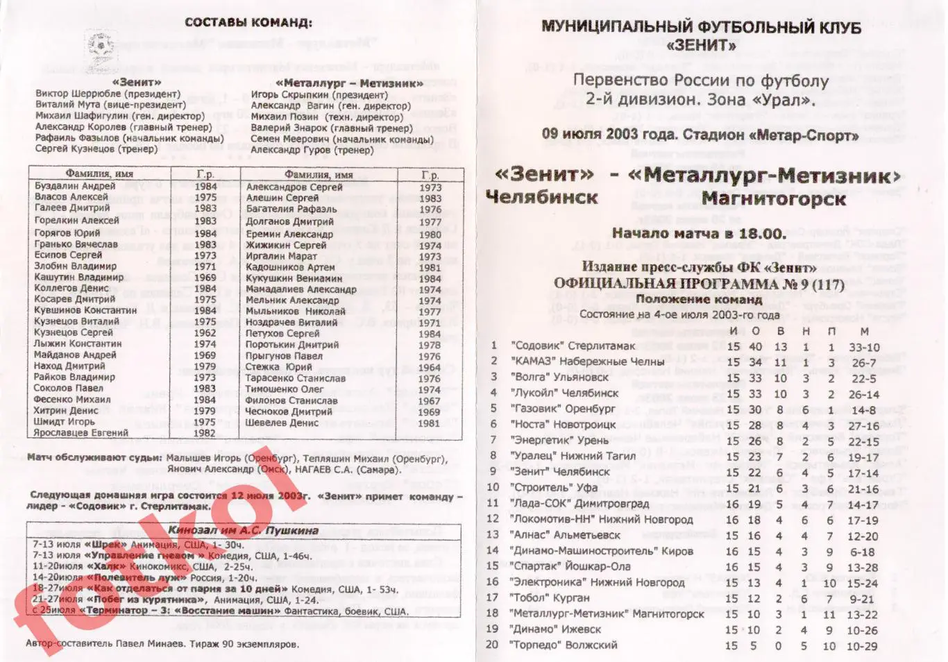 ЗЕНИТ Челябинск - МЕТАЛЛУРГ - МЕТИЗНИК Магнитогорск 09.07.2003