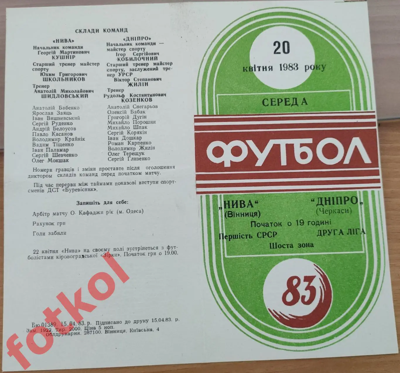 НИВА Винница - ДНЕПР Черкассы 20 квитня 1983