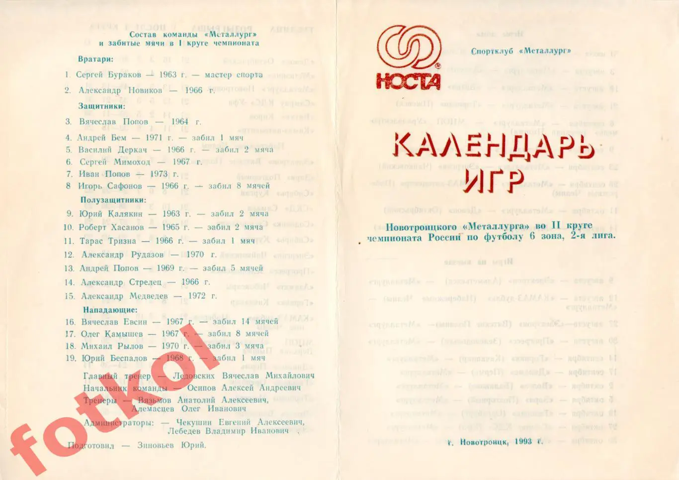 МЕТАЛЛУРГ Новотроицк 1993 Календарь игр