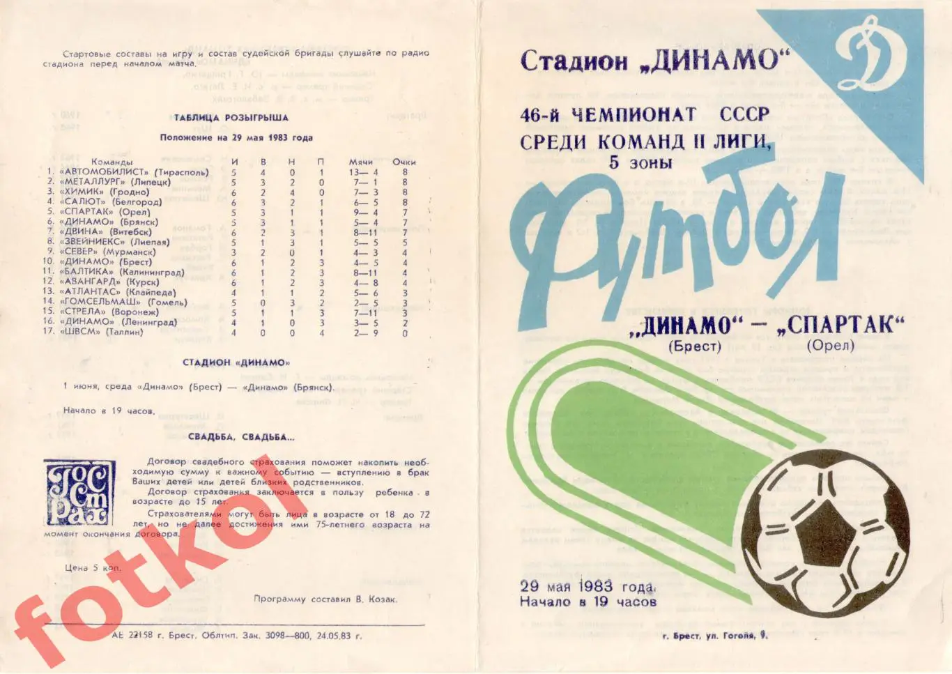 ДИНАМО Брест - СПАРТАК Орел 29.05.1983