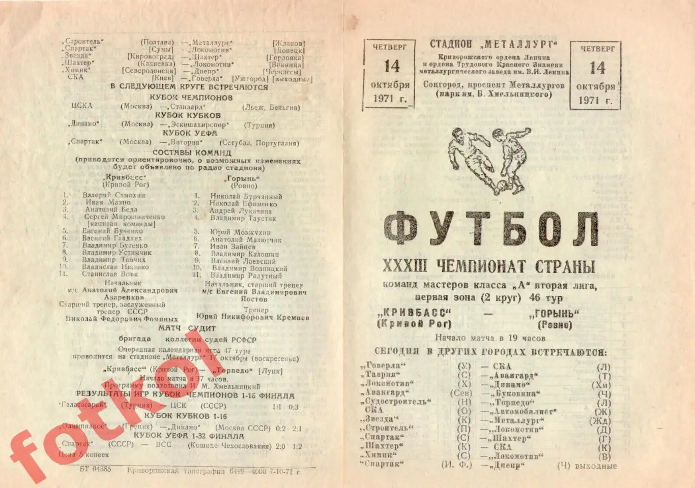КРИВБАСС Кривой Рог - ГОРЫНЬ Ровно 14.10.1971