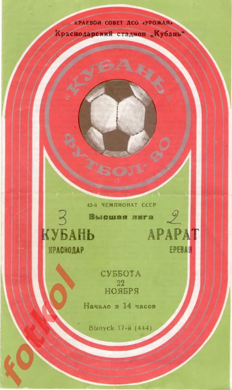 КУБАНЬ Краснодар – АРАРАТ Ереван 22.11.1980