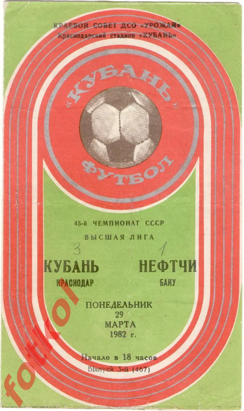 КУБАНЬ Краснодар – НЕФТЧИ Баку 29.03.1982