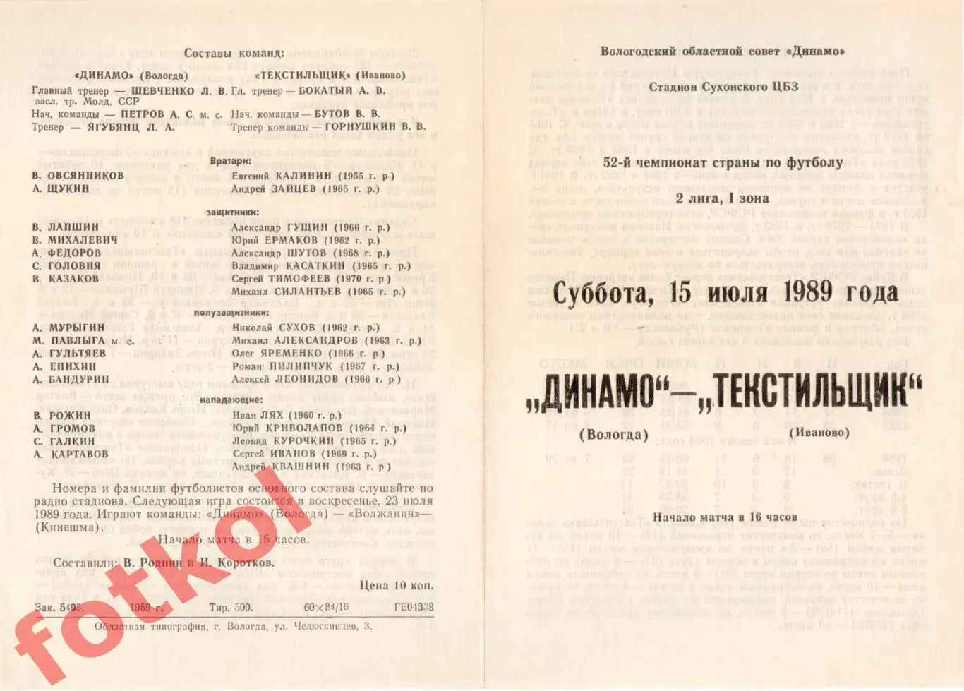 ДИНАМО Вологда – ТЕКСТИЛЬЩИК Иваново 15.07.1989