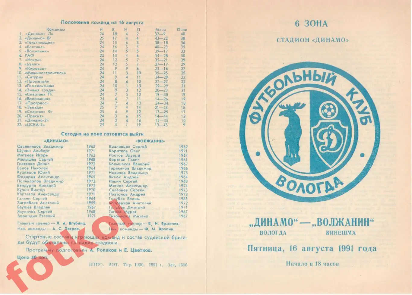 ДИНАМО Вологда – ВОЛЖАНИН Кинешма 16.08.1991