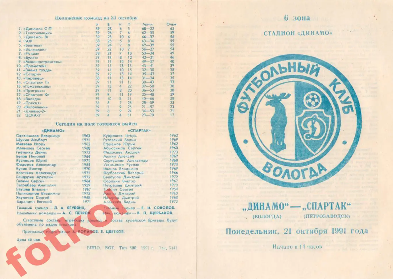 ДИНАМО Вологда – СПАРТАК Петрозаводск 21.10.1991