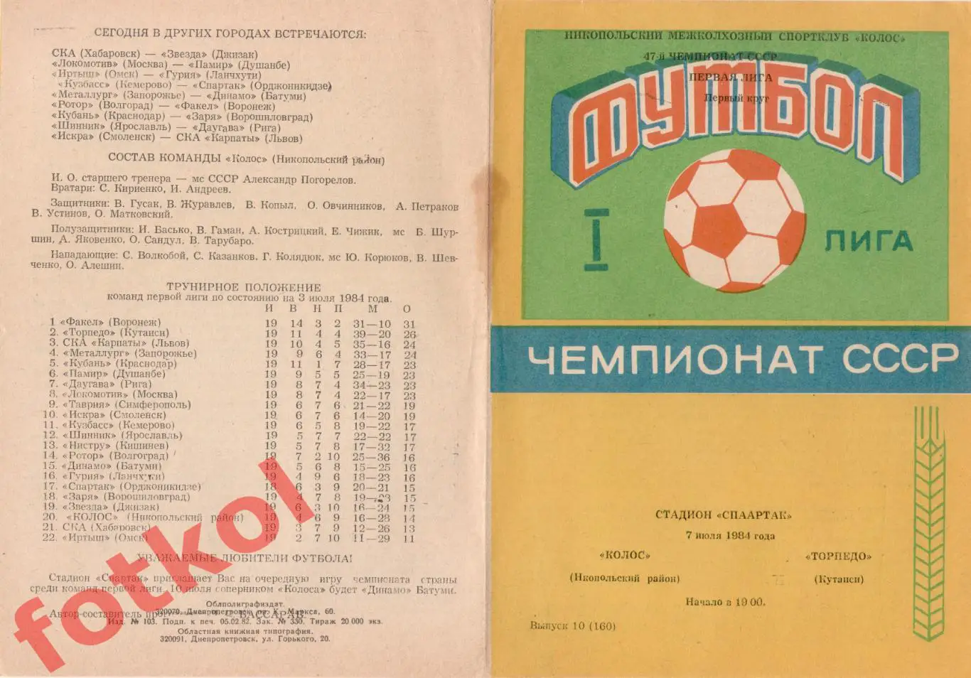 КОЛОС Никополь - ТОРПЕДО Кутаиси 07.07.1984