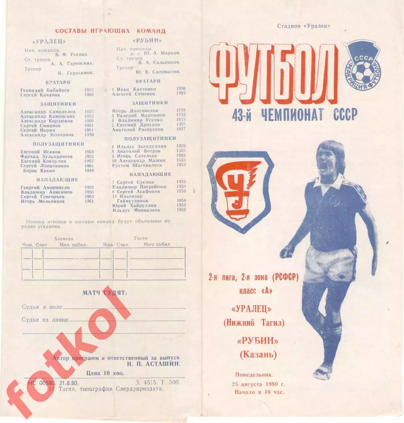 УРАЛЕЦ Нижний Тагил - РУБИН Казань 25.08.1980