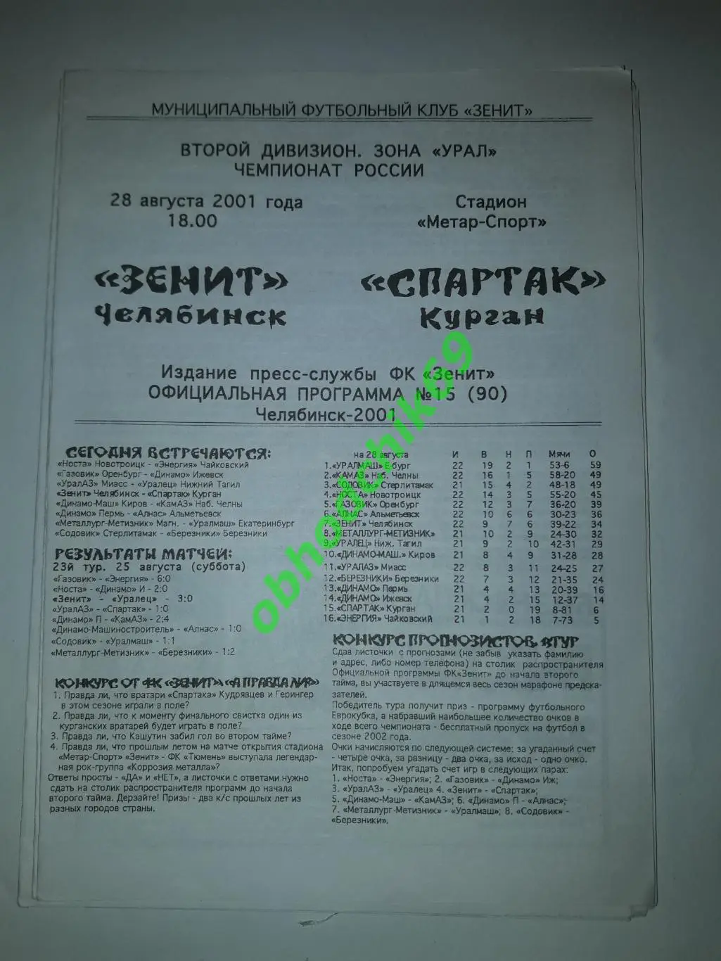 Зенит (Челябинск) Спартак (Курган) 28 08 2001