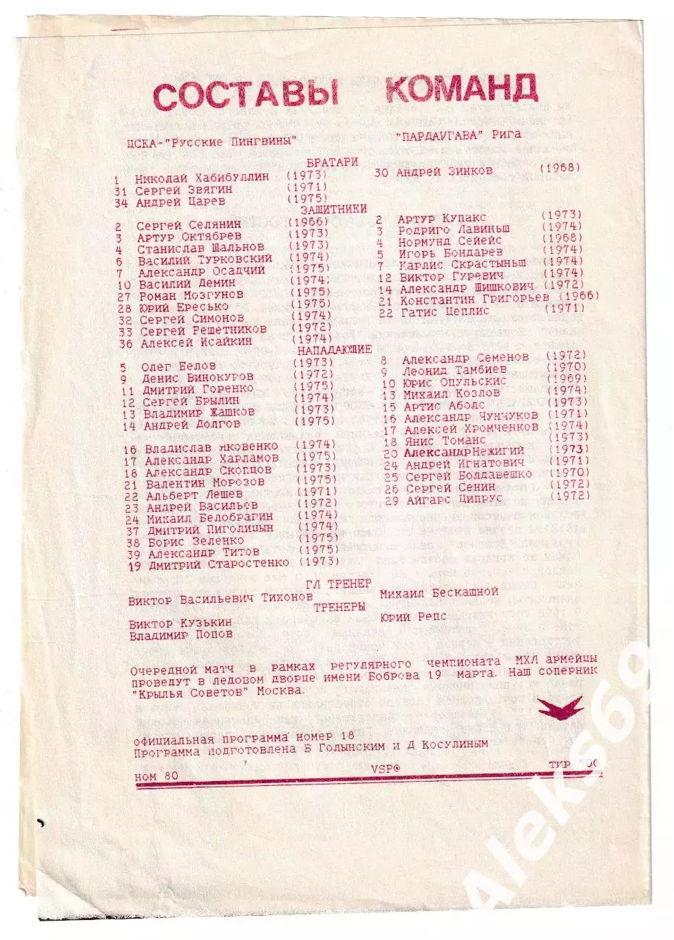 ЦСКА (Москва) - Пардаугава (Рига). 17 марта 1994 года. Чемпионат России. 1