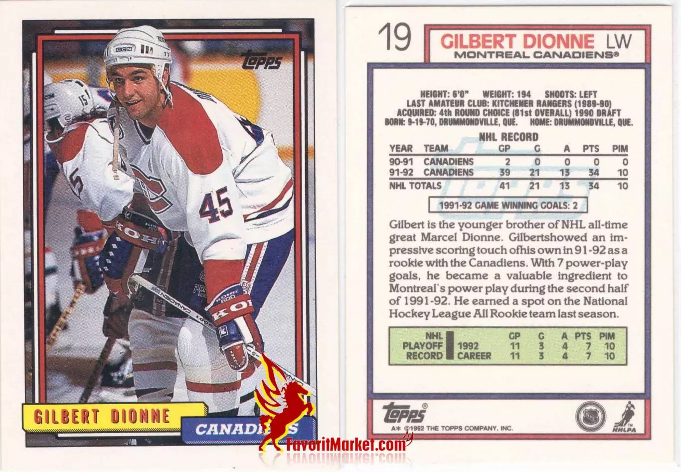 TOPPS NHL Hockey 1992-1993, №19, Gilbert Dionne
