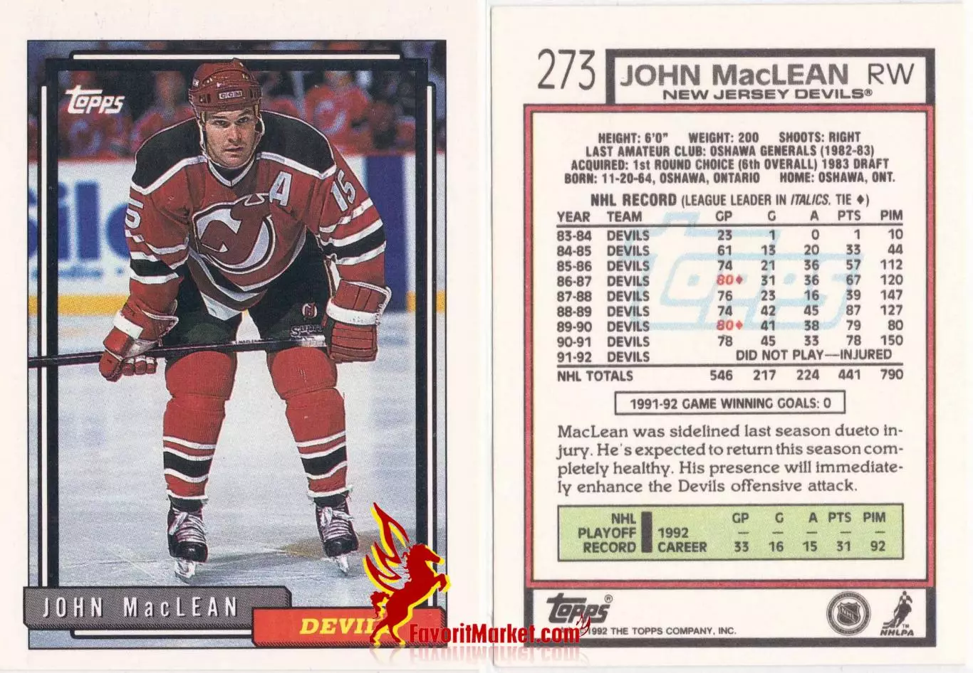 TOPPS NHL Hockey 1992-1993, № 273 John MacLean
